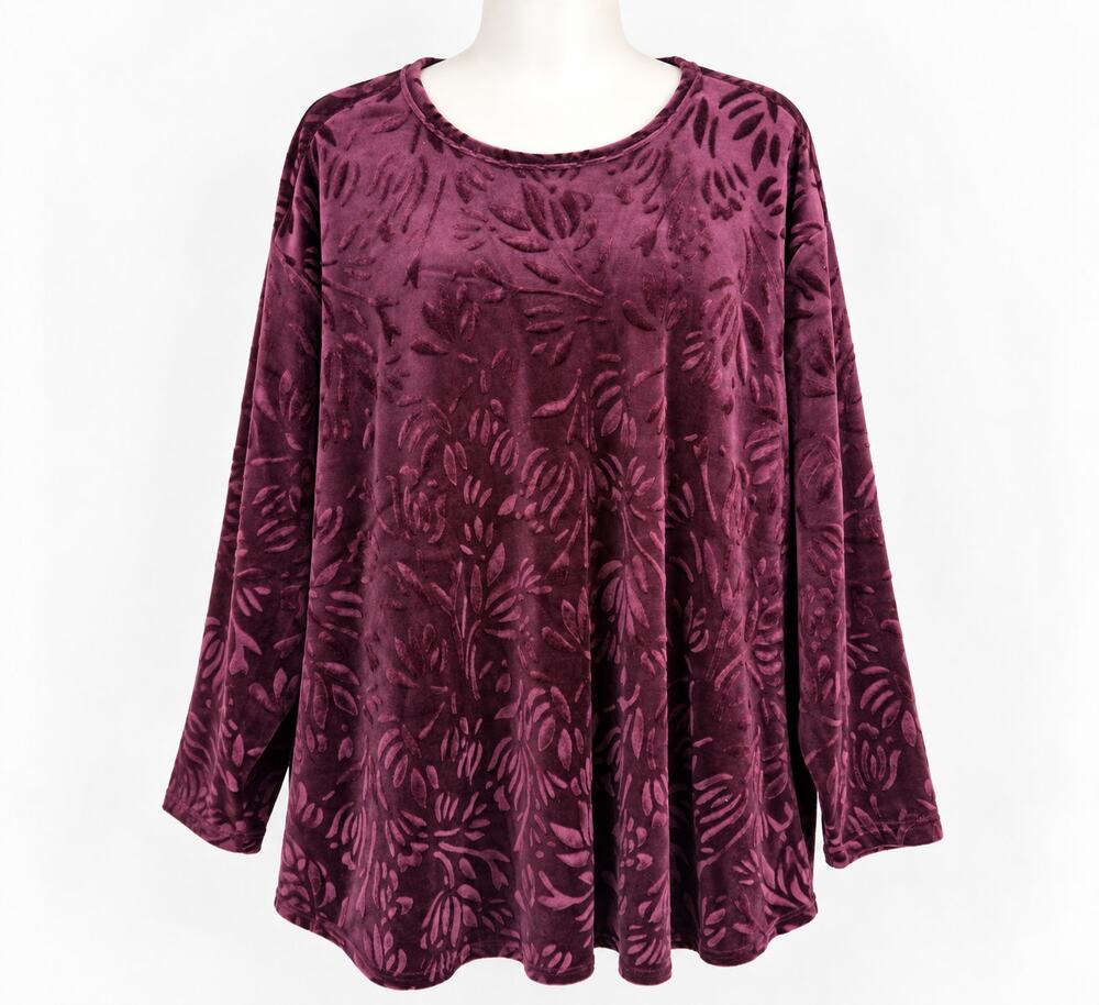 Bentley Plus Burnout Velour Floral Oversized Tunic Top Plum Cozy Womens 2X
